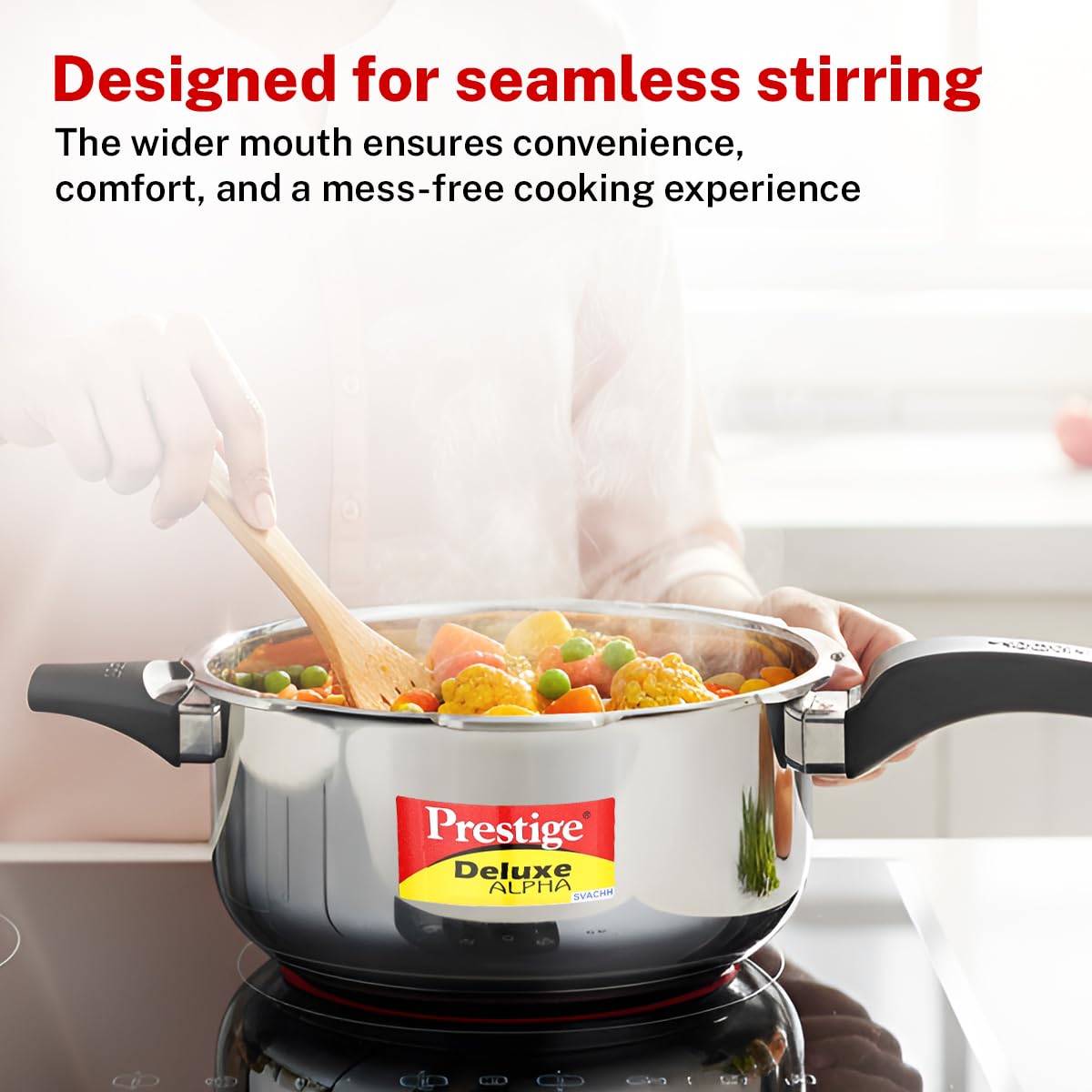 Prestige 5 Litre Stainless Steel Deluxe Alpha Svachh Outer Lid Deep Pressure Pan Cooker | 10Y Warranty | Deep Lid for Spillage Control | TRIPLY Base | GRS | Gas & Induction Compatible | ISI
