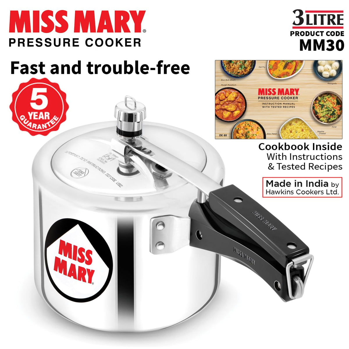 Hawkins 3 Litre Miss Mary Pressure Cooker, Inner Lid Cooker, Silver (MM30)
