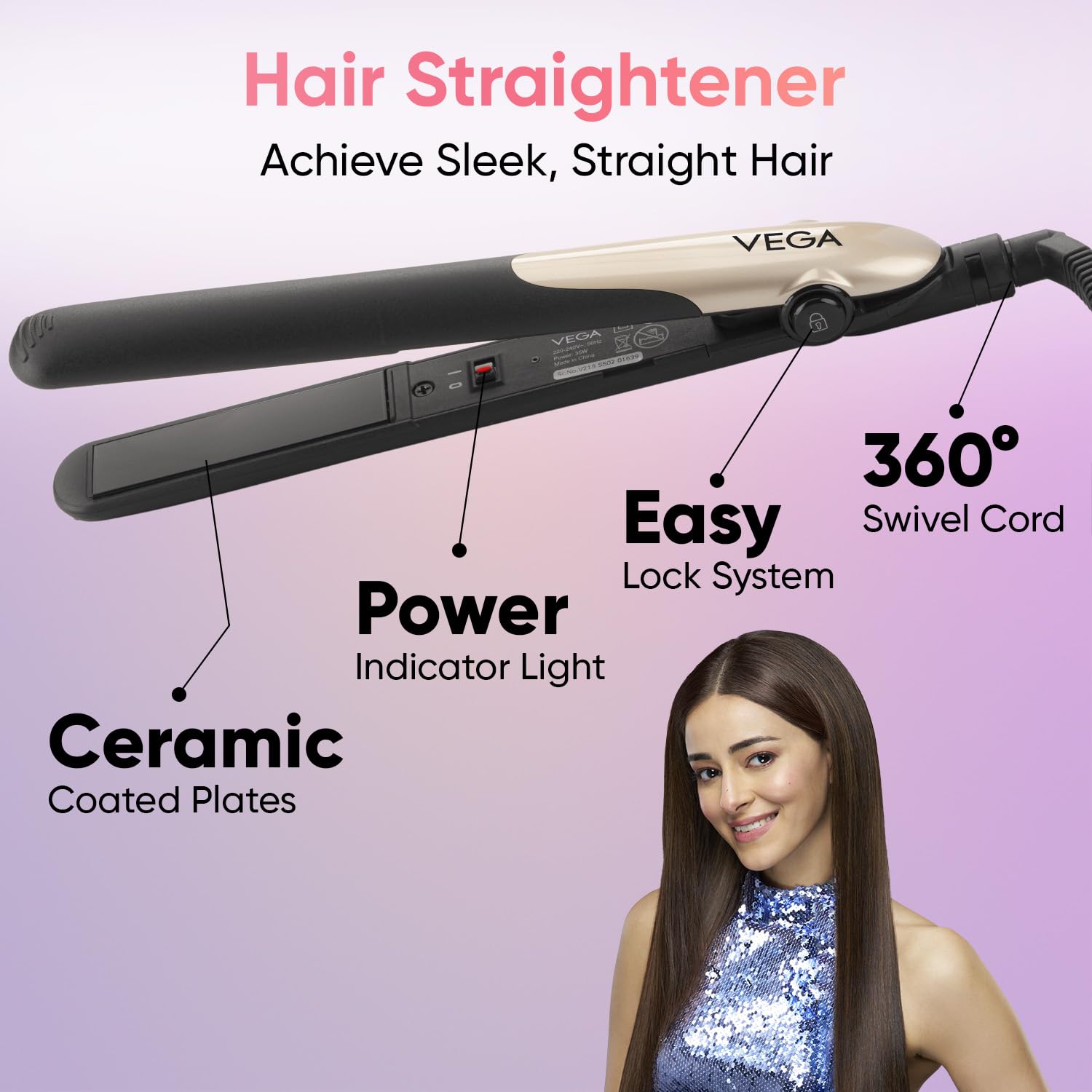 Vega Miss Dazzle Styling Set for Women, Hair Straightener with Ceramic Coated Plates & Curler Combo 19 MM Barrel Hair