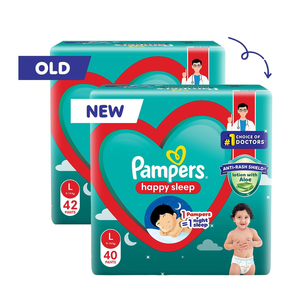 Pampers Happy Sleep Pant Style Baby Diapers, Large (L), 40 Count, 1 Pampers = 1 Night Sleep, with Anti Rash Shield, 9-14 Kg Diapers