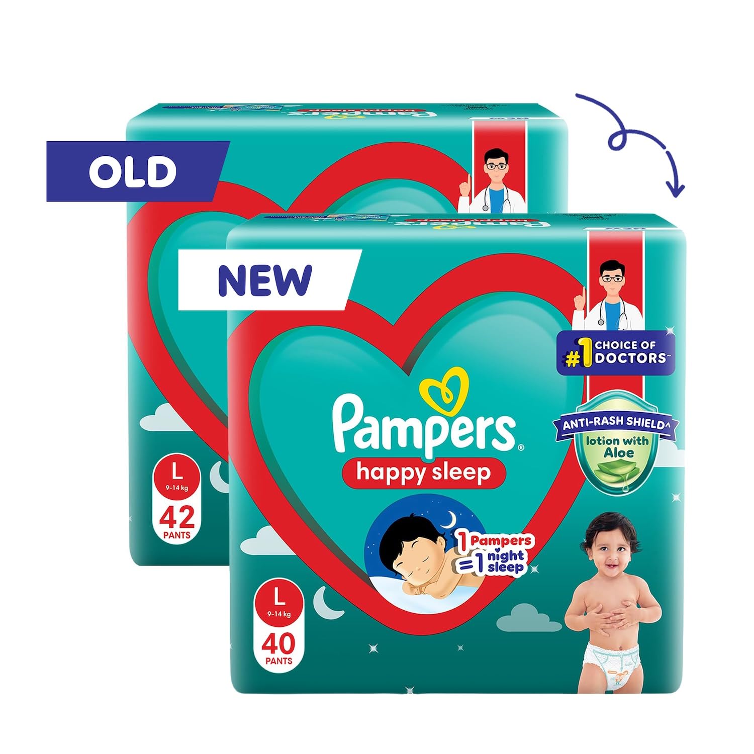 Pampers Happy Sleep Pant Style Baby Diapers, Large (L), 40 Count, 1 Pampers = 1 Night Sleep, with Anti Rash Shield, 9-14 Kg Diapers