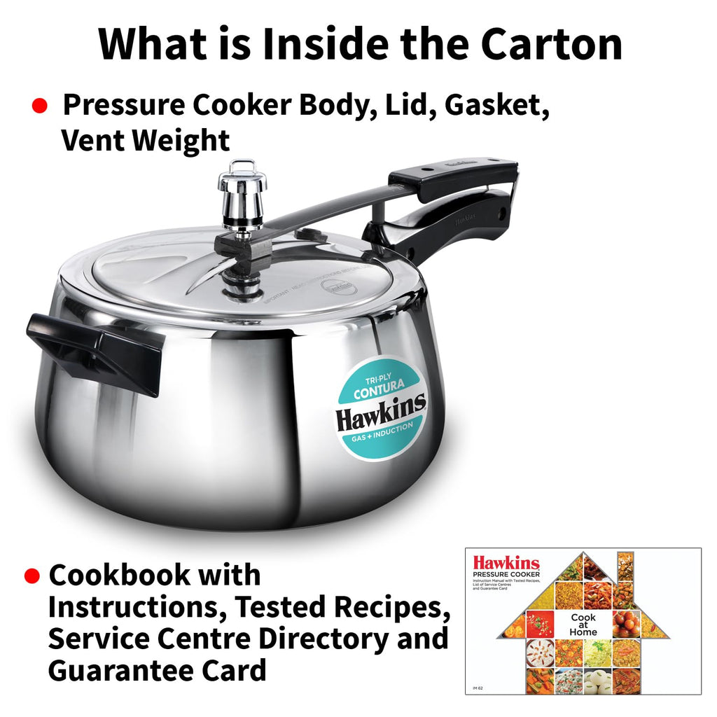 Hawkins 5 Litre Triply Contura Pressure Cooker, Triply Stainless Steel Induction & Contura shaped Cooker, Silver (SSTCO50)