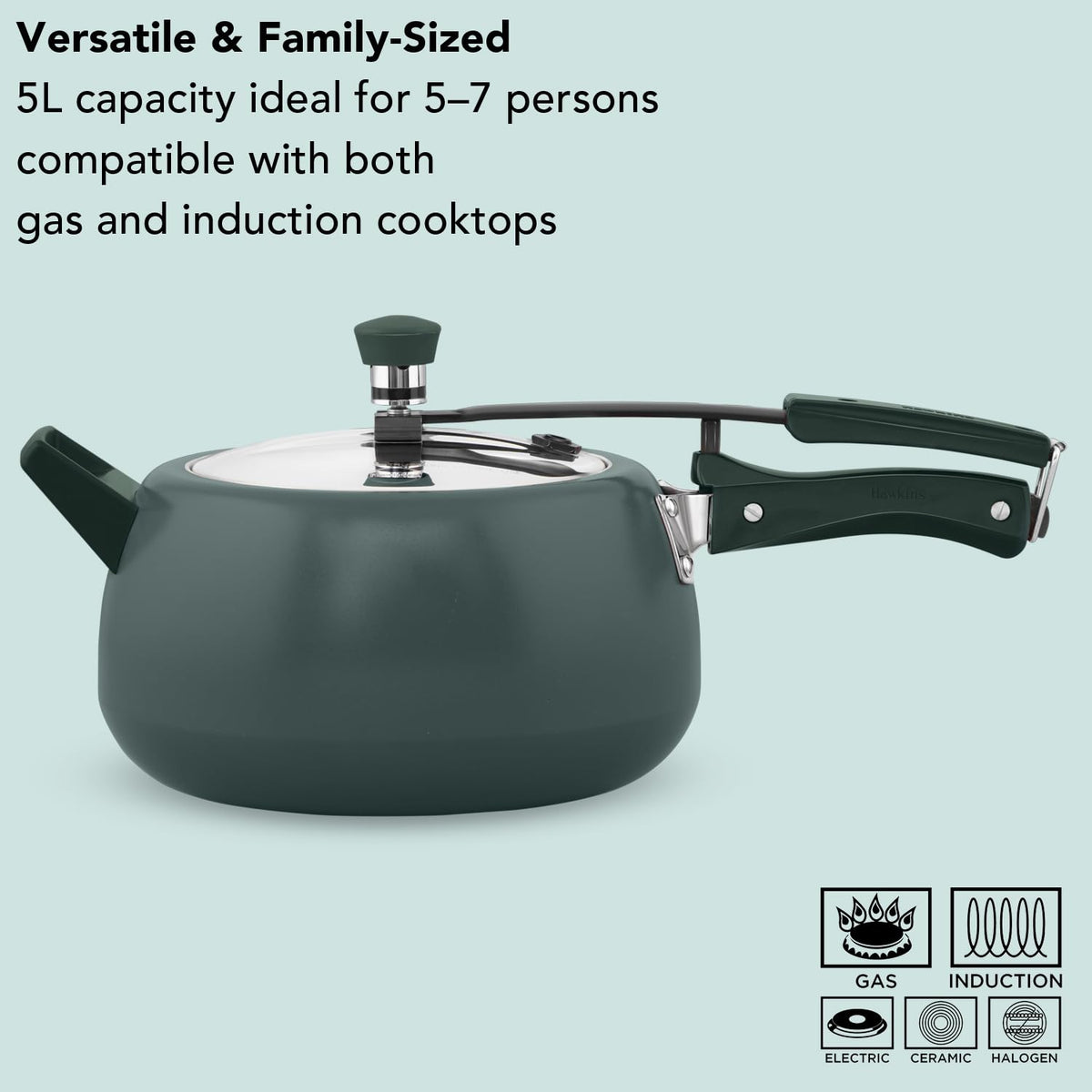 Hawkins 5 Litre Ceramic Coated Cerenity Pressure Cooker | Induction & Gas | for Cooking Rice, Dal & Curries | 5 Year Guarantee, ISI Certified | Olive Green (ICG50)