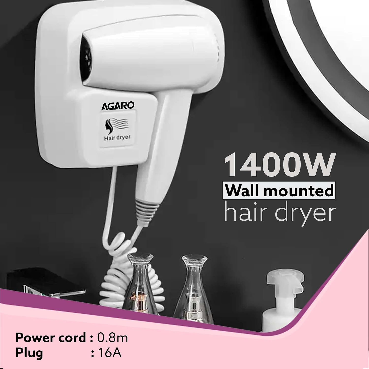 AGARO Wall Mounted Hair Dryer 1400W, Electric Wall Mount Hair Dryer, Hotel, Bathroom, Household, Wall Hanging Dryer, White HD1417
