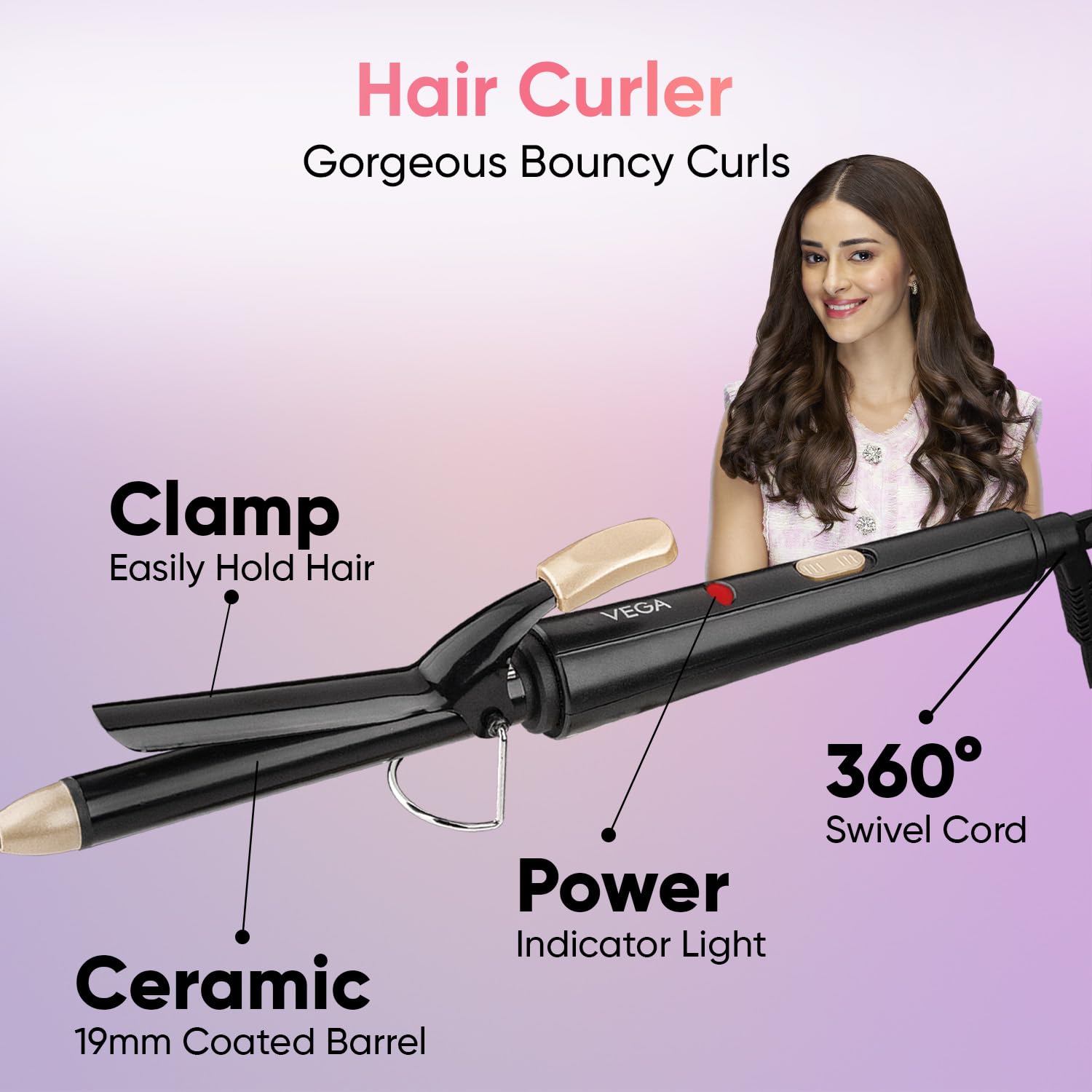 Vega Miss Dazzle Styling Set for Women, Hair Straightener with Ceramic Coated Plates & Curler Combo 19 MM Barrel Hair
