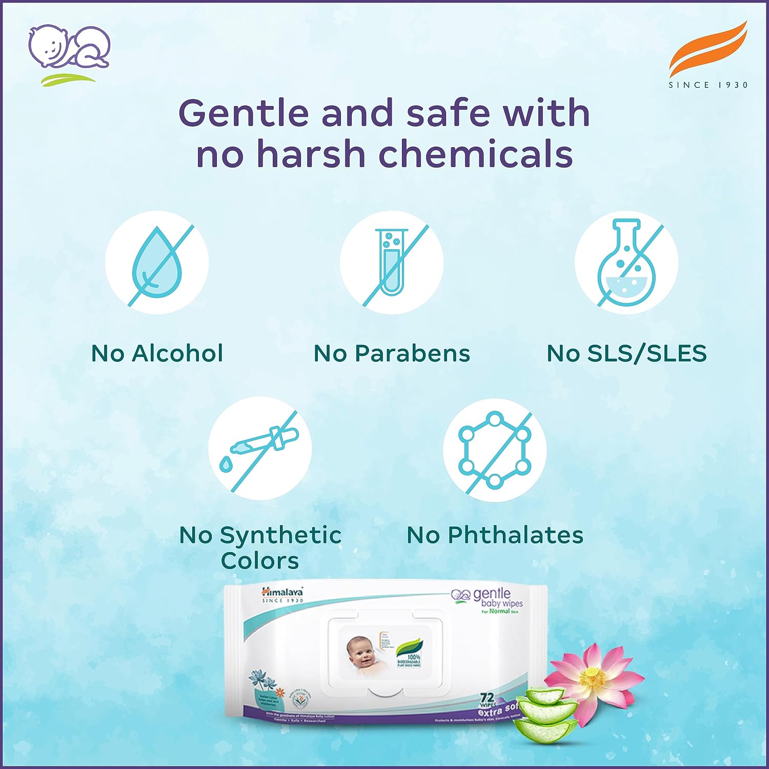 Himalaya Gentle Baby Wipes with Lid (72 x4 packs -288 Wipe) |100% Biodegradable Plant-based fabric | Indian Lotus & Aloe Vera | Skin Friendly PH| Extra Soft