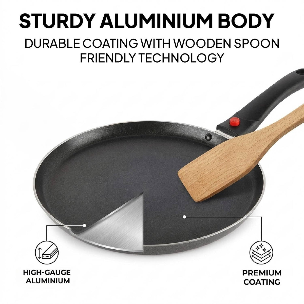 CELLO Aluminium Non-Stick Induction Base Dosa Tawa with Detachable Bakelite Handle 28 CM Black