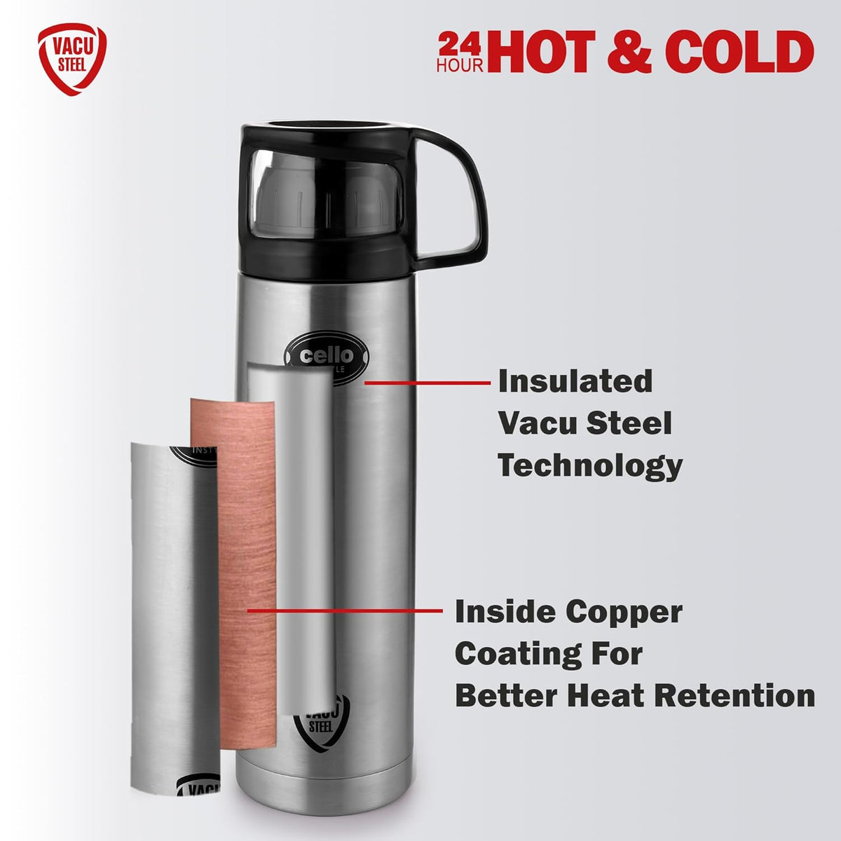 CELLO Instyle Insulated Stainless Steel Flask Water Bottle with Jacket For Daily Use 1000ml Silver | ISI Certified Double Wall Vacuum Insulated 24 Hrs Hot & Cold Thermos Water Bottle For Office Travel