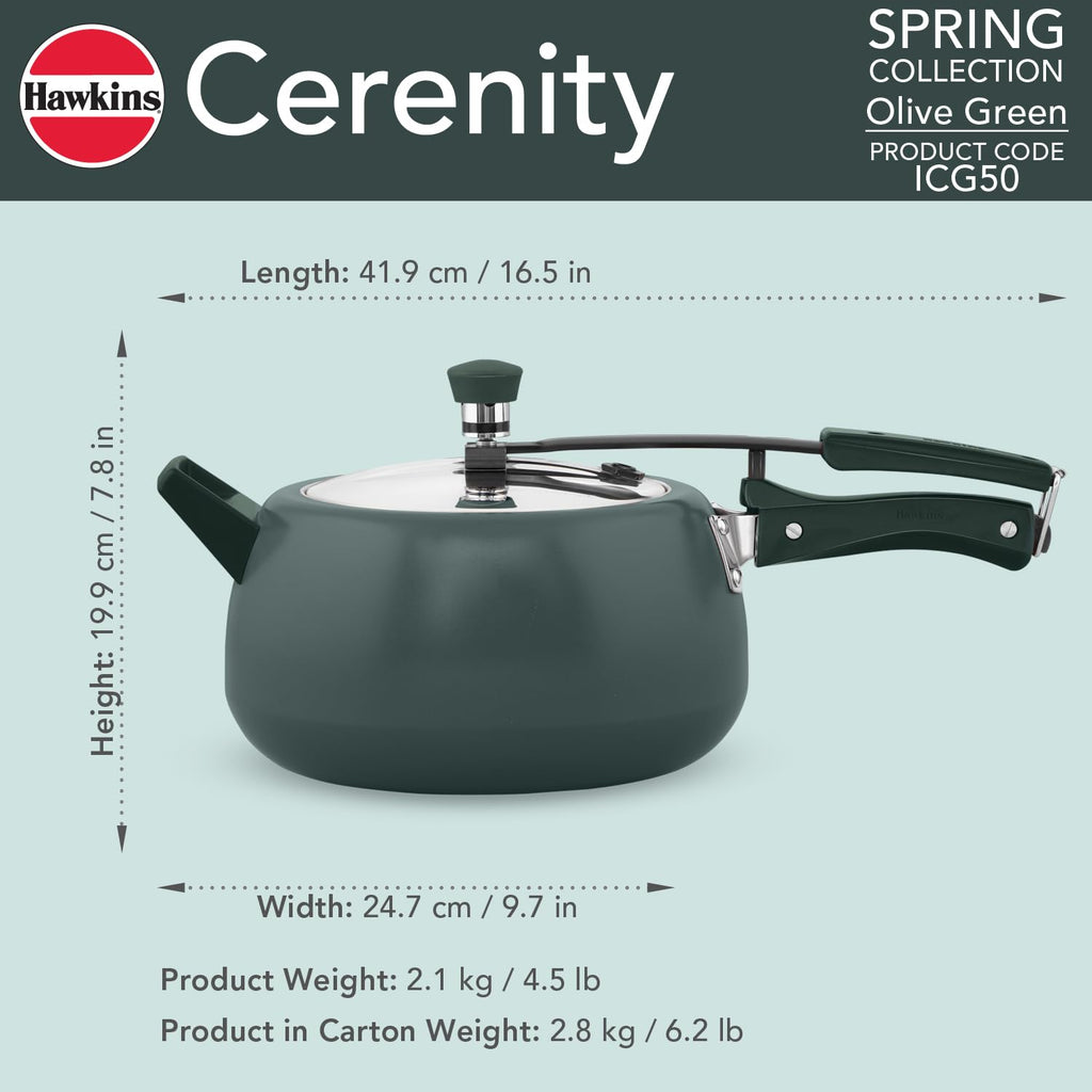 Hawkins 5 Litre Ceramic Coated Cerenity Pressure Cooker | Induction & Gas | for Cooking Rice, Dal & Curries | 5 Year Guarantee, ISI Certified | Olive Green (ICG50)