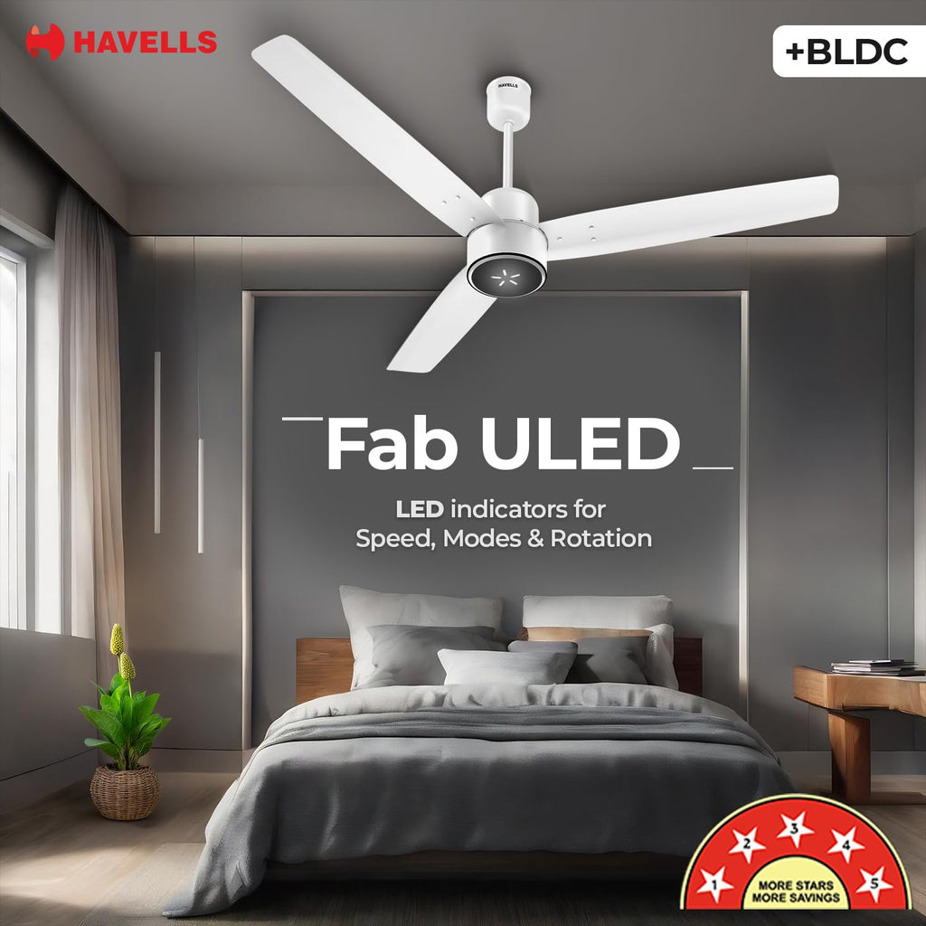 Havells FAB BLDC LED Ceiling Fan 1200 mm, 5 star, LED Speed Indicator, 380 RPM, Up to 65% Savings, Reverse Rotation,4 Speed Modes, Low Wattage 30 W, Low.