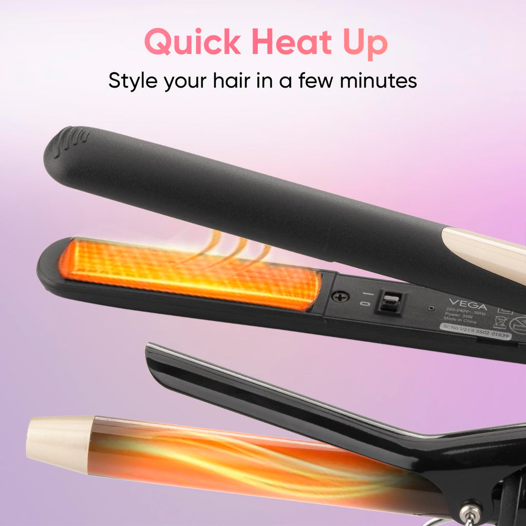 Vega Miss Dazzle Styling Set for Women, Hair Straightener with Ceramic Coated Plates & Curler Combo 19 MM Barrel Hair