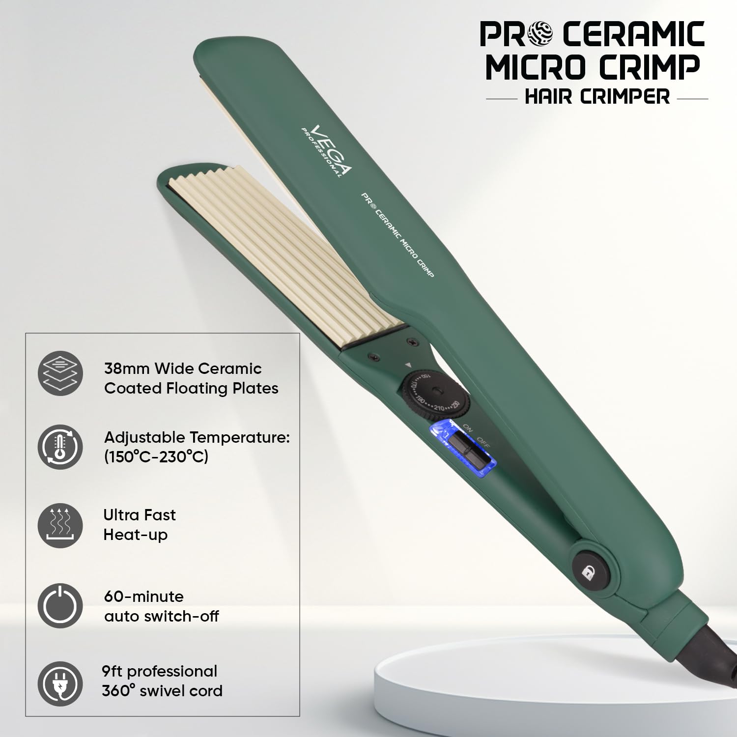 VEGA PROFESSIONAL Pro Ceramic Micro Crimp Hair Crimper with Ultra Fast Heatup, 5 Temperature Settings, 60 Min Auto Switch Off for Salon, Professional Hair Crimper, Green (VPPMS-11)