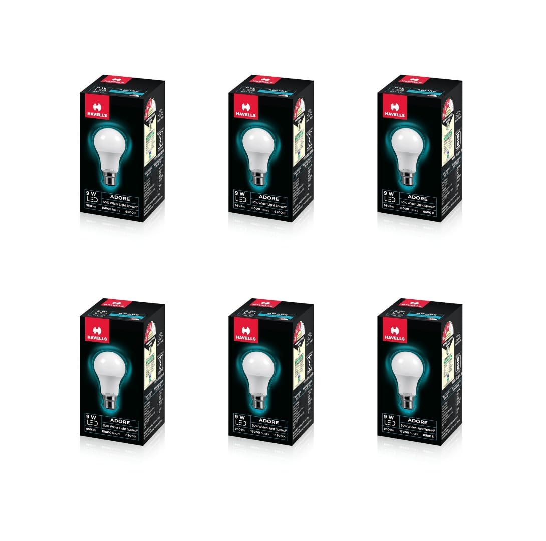 Havells 9w LED Bulb for Home & Office |B22 LED Bulb Base |Cool Day White Light (6500K) |4Kv Surge Protection |High Voltage Protection |Eco Friendly Energy Efficient | Pack of 6