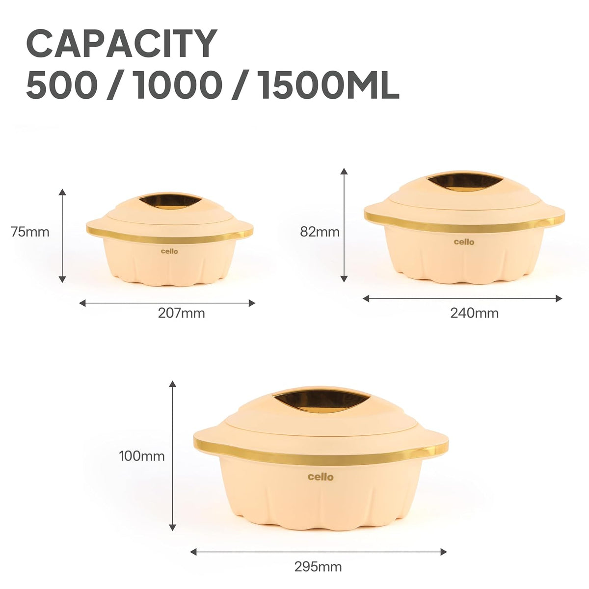 CELLO Stylus Insulated Casserole Hot Pot Box Set of 3 Pcs, Cream (500ml, 1000ml, 1500ml) |