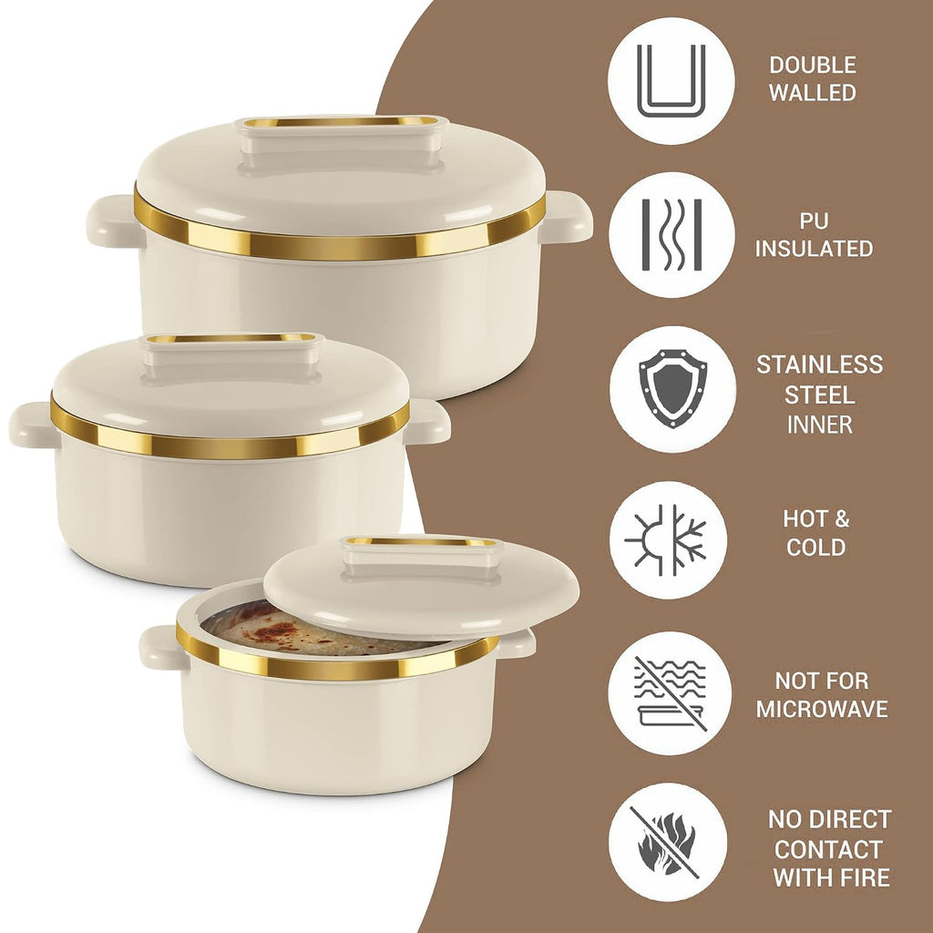 MILTON Curve Inner Stainless Steel Casserole Set of 3 (450 ml, 840 ml, 1300 ml), Ivory | BPA Free | MILTON Curve Inner Stainless Steel Casserole Set of 3 (450 ml, 840 ml, 1300 ml), Ivory | BPA Free |