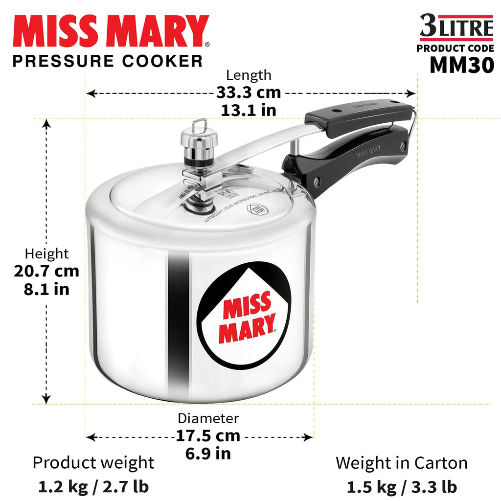 Hawkins 3 Litre Miss Mary Pressure Cooker, Inner Lid Cooker, Silver (MM30)