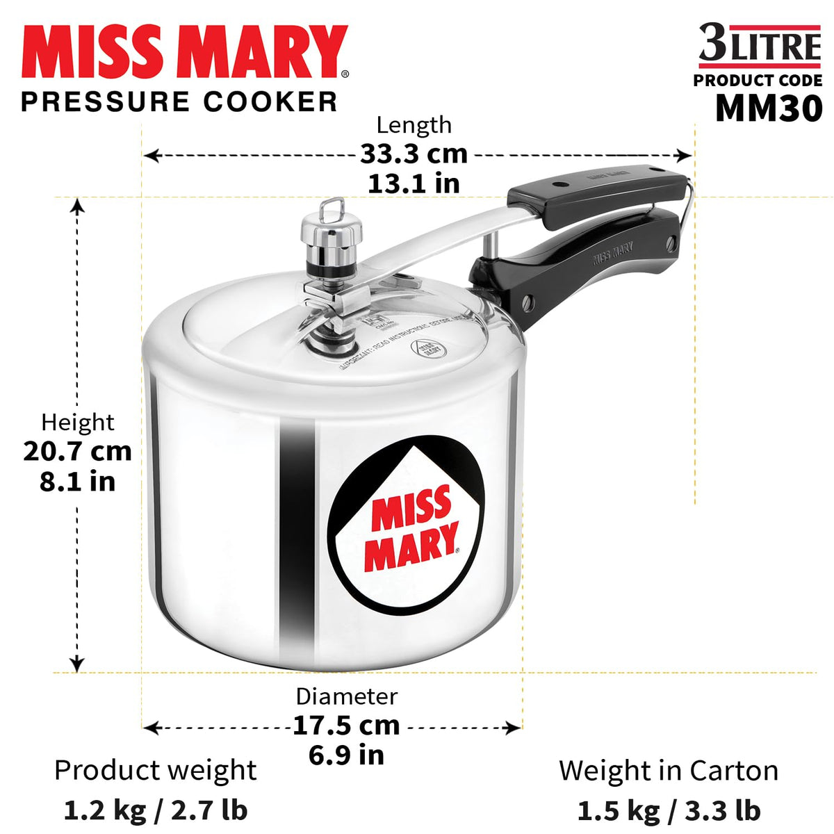 Hawkins 3 Litre Miss Mary Pressure Cooker, Inner Lid Cooker, Silver (MM30)