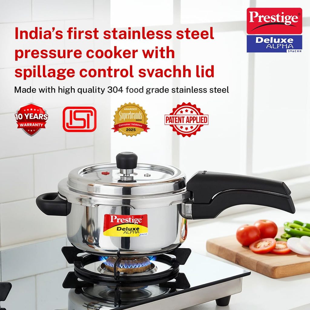 Prestige 3 Litre Stainless Steel Deluxe Alpha Svachh Outer Lid Pressure Cooker | 10Y Warranty | Deep Lid for Spillage Control | TRIPLY Base | Gasket Release System | Gas & Induction Compatible | ISI