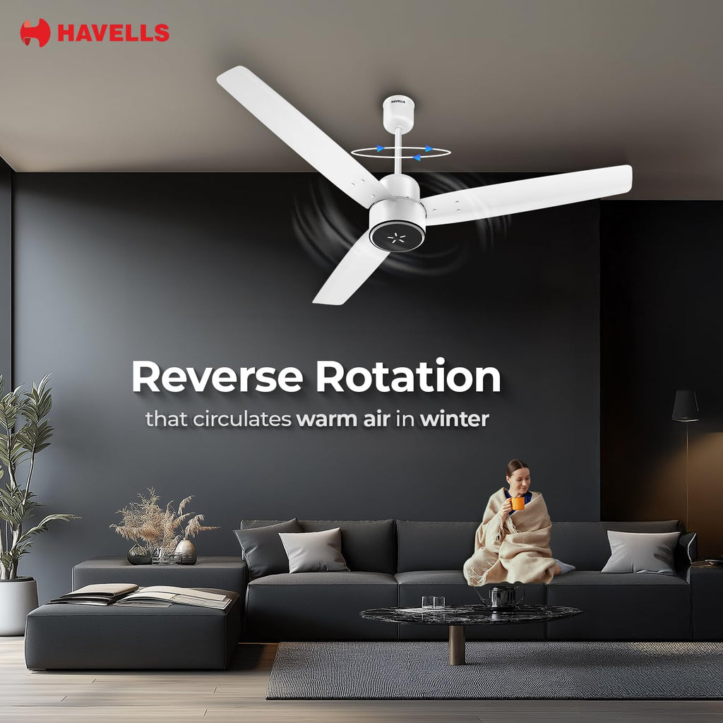 Havells FAB BLDC LED Ceiling Fan 1200 mm, 5 star, LED Speed Indicator, 380 RPM, Up to 65% Savings, Reverse Rotation,4 Speed Modes, Low Wattage 30 W, Low.