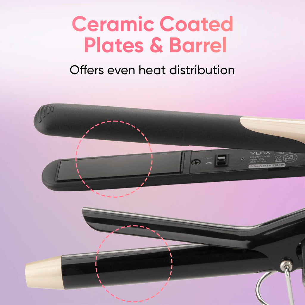Vega Miss Dazzle Styling Set for Women, Hair Straightener with Ceramic Coated Plates & Curler Combo 19 MM Barrel Hair