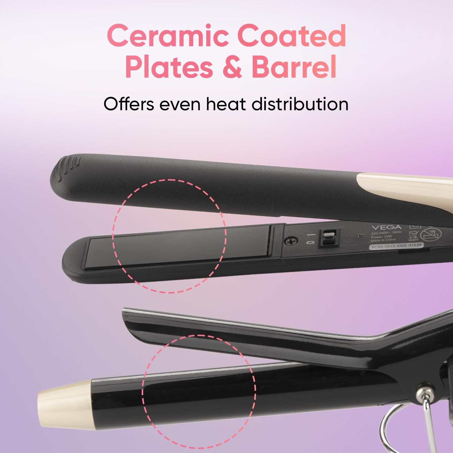 Vega Miss Dazzle Styling Set for Women, Hair Straightener with Ceramic Coated Plates & Curler Combo 19 MM Barrel Hair