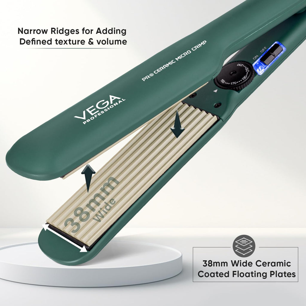 VEGA PROFESSIONAL Pro Ceramic Micro Crimp Hair Crimper with Ultra Fast Heatup, 5 Temperature Settings, 60 Min Auto Switch Off for Salon, Professional Hair Crimper, Green (VPPMS-11)