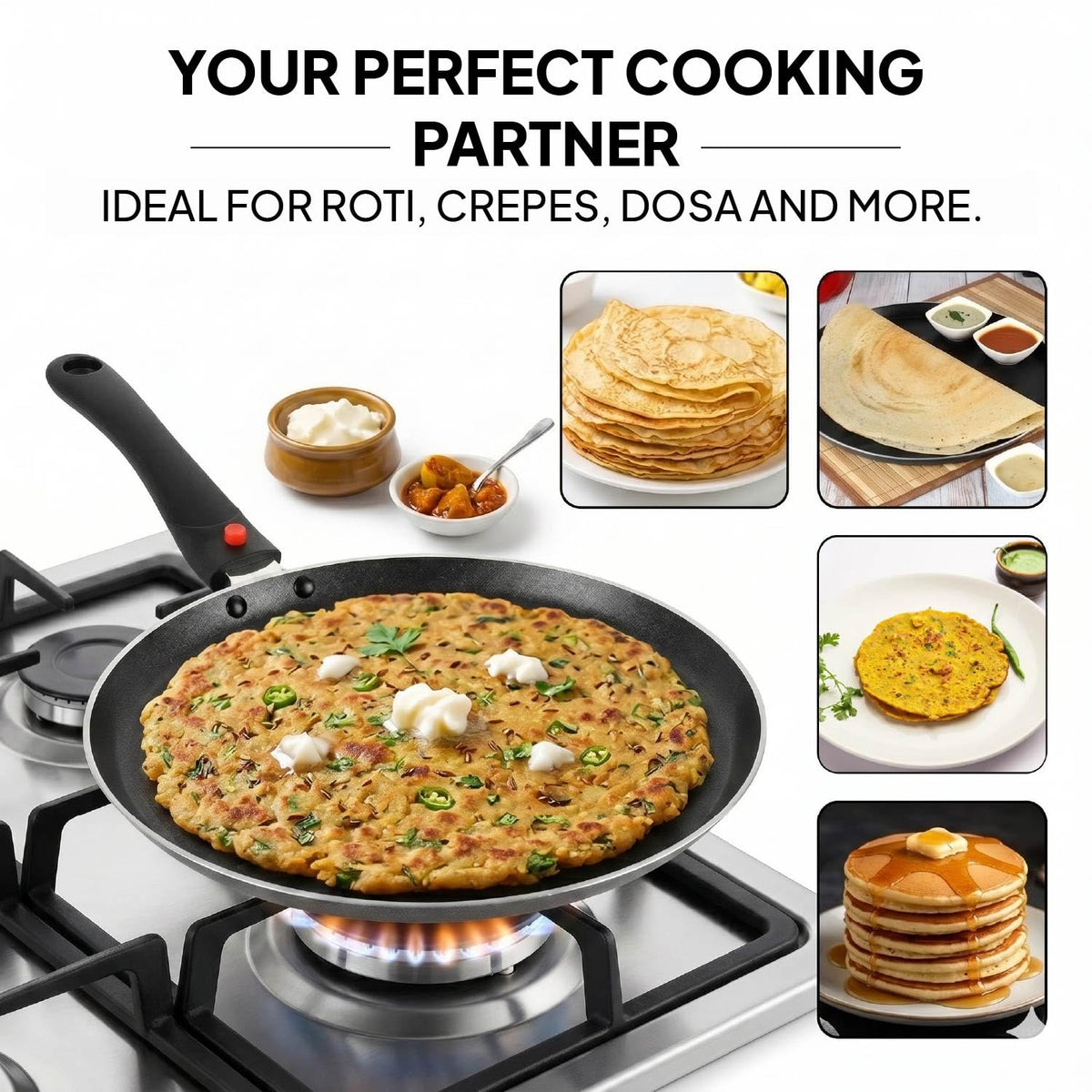 CELLO Aluminium Non-Stick Induction Base Dosa Tawa with Detachable Bakelite Handle 28 CM Black