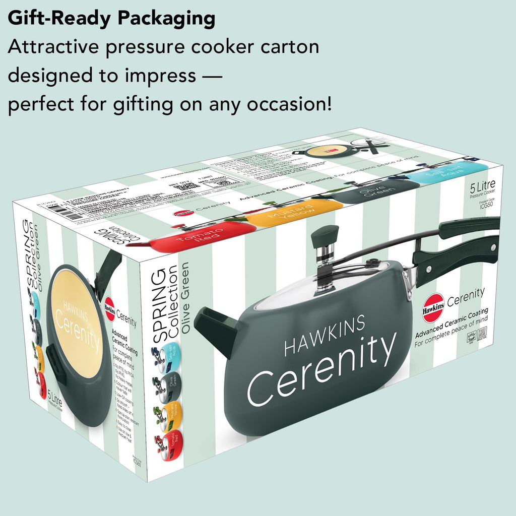 Hawkins 5 Litre Ceramic Coated Cerenity Pressure Cooker | Induction & Gas | for Cooking Rice, Dal & Curries | 5 Year Guarantee, ISI Certified | Olive Green (ICG50)