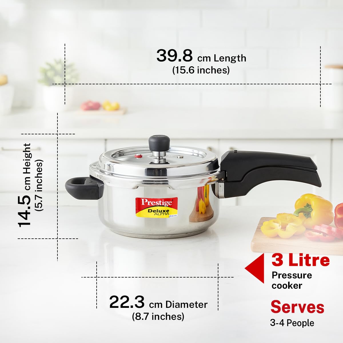 Prestige 3 Litre Stainless Steel Deluxe Alpha Svachh Outer Lid Pressure Cooker | 10Y Warranty | Deep Lid for Spillage Control | TRIPLY Base | Gasket Release System | Gas & Induction Compatible | ISI