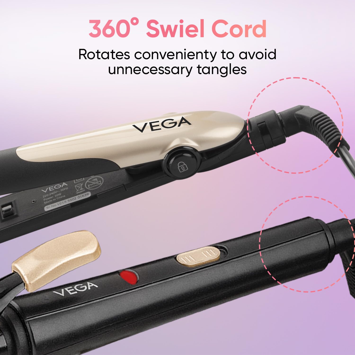 Vega Miss Dazzle Styling Set for Women, Hair Straightener with Ceramic Coated Plates & Curler Combo 19 MM Barrel Hair