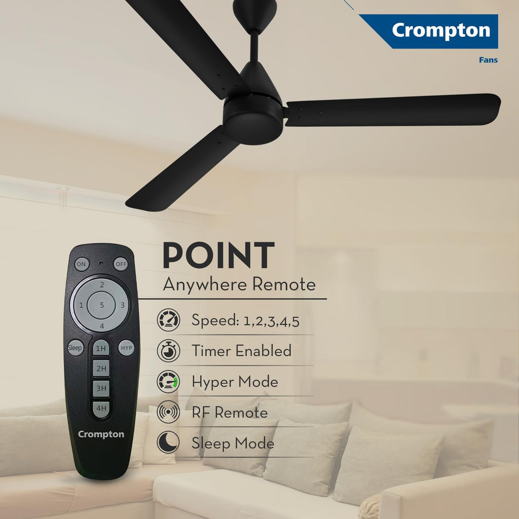 Crompton Energion Hyperjet 1200mm BLDC Ceiling Fan | Point Anywhere Remote Control | BEE 5 Star Rated Energy Efficient | Superior Air Delivery | Anti-Rust | 2 Year Manufacturer Warranty | Matte Black