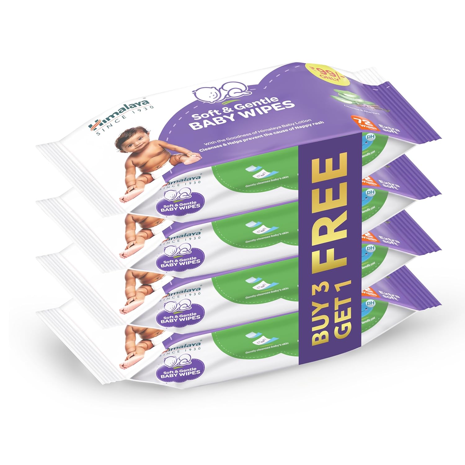 Himalaya Soft & Gentle Baby Wipes |72 Wipes x B3 G1 Free - 288 Wipes | With Licorice & Aloe Vera | Gently cleanses & Helps prevent the cause of...