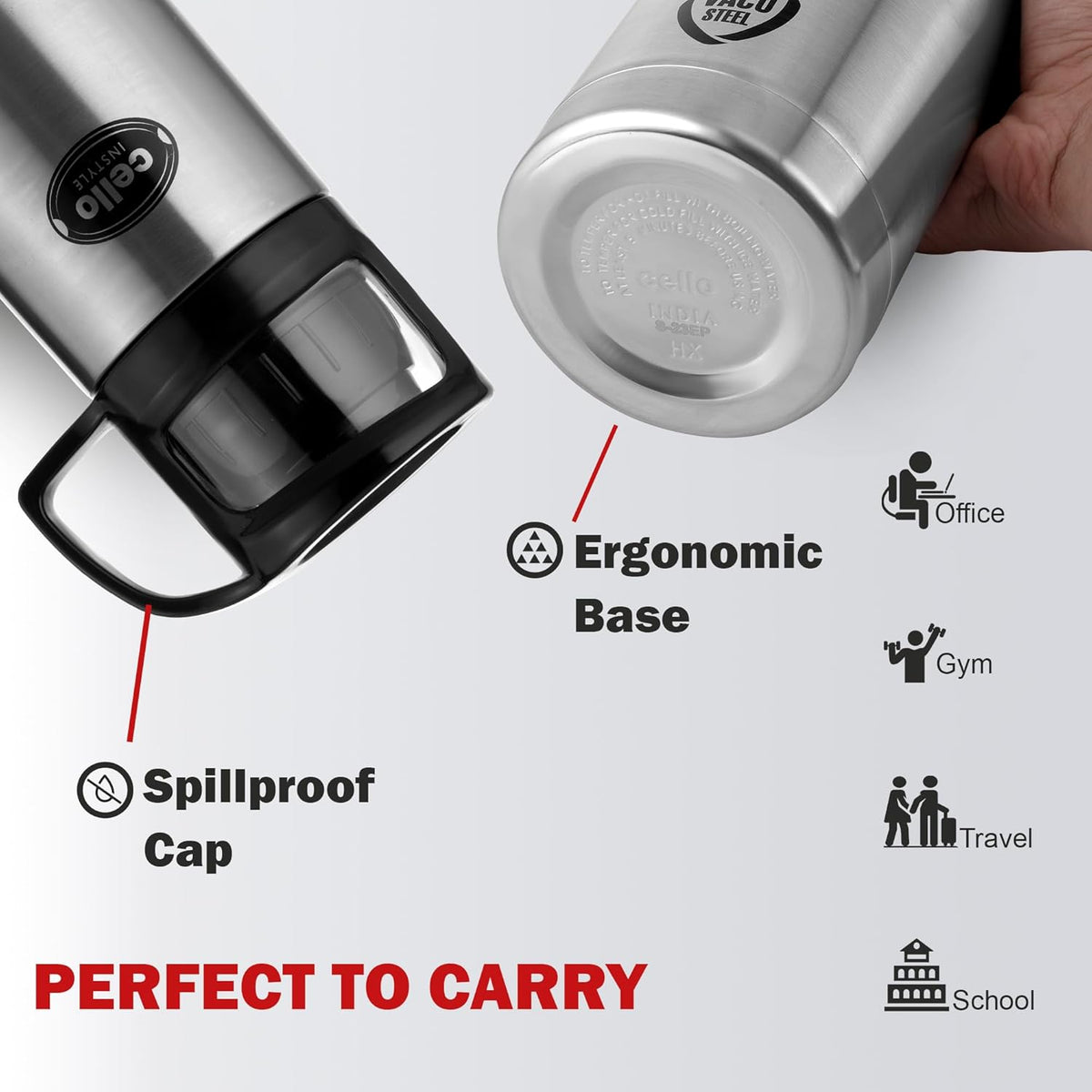 CELLO Instyle Insulated Stainless Steel Flask Water Bottle with Jacket For Daily Use 1000ml Silver | ISI Certified Double Wall Vacuum Insulated 24 Hrs Hot & Cold Thermos Water Bottle For Office Travel