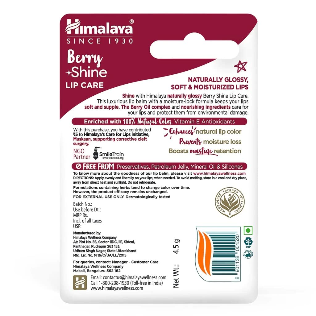 Himalaya Berry Shine Lip Balm | 4.5gm| 100% Natural Colour | Naturally Glossy | Soft & Moisturized Lips | Natural Vitamin E
