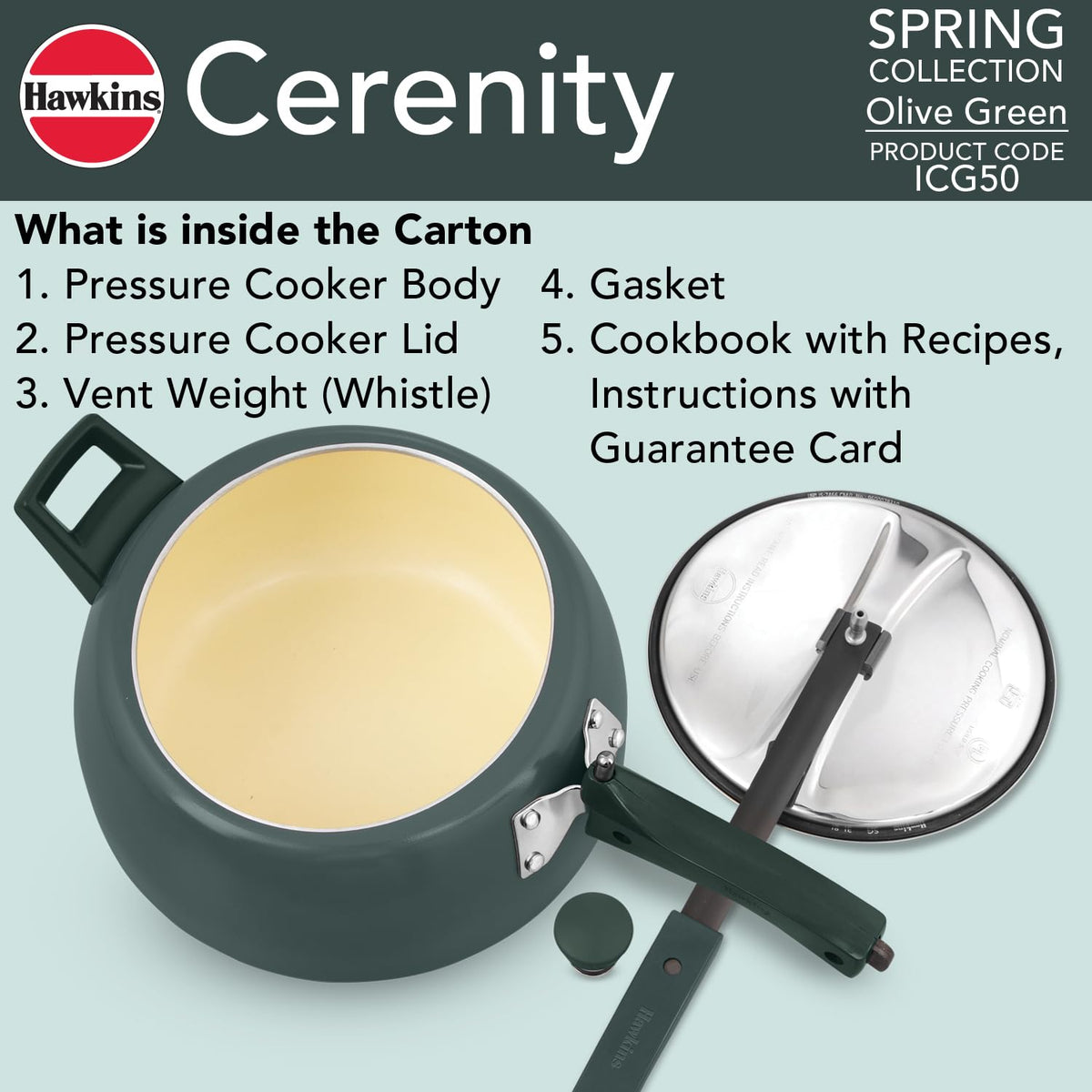Hawkins 5 Litre Ceramic Coated Cerenity Pressure Cooker | Induction & Gas | for Cooking Rice, Dal & Curries | 5 Year Guarantee, ISI Certified | Olive Green (ICG50)