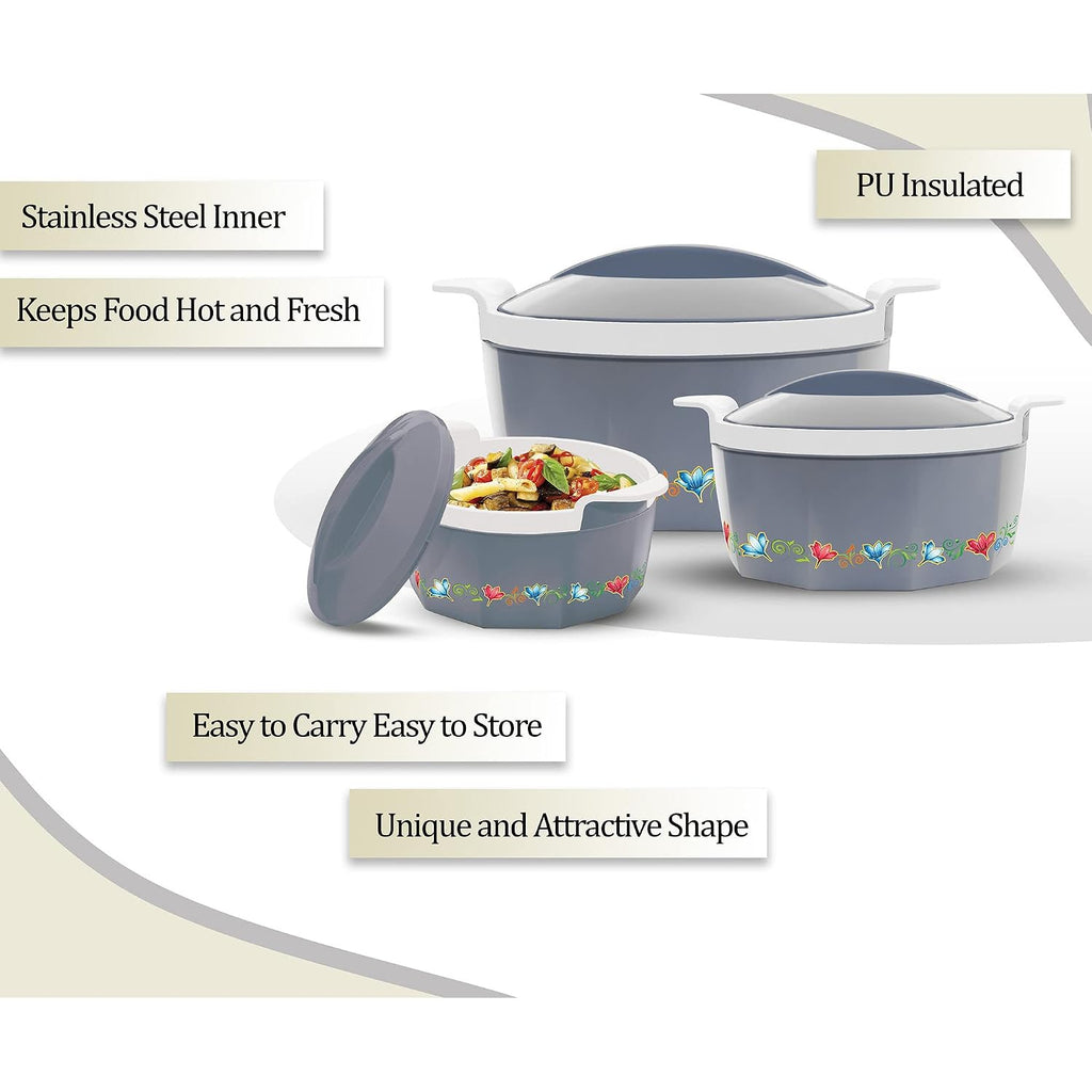 MILTON Elegance Jr. Inner Stainless Steel Casserole Gift Set Of 3 (395 Ml, 750 Ml, 1.35 Litres), Grey |
