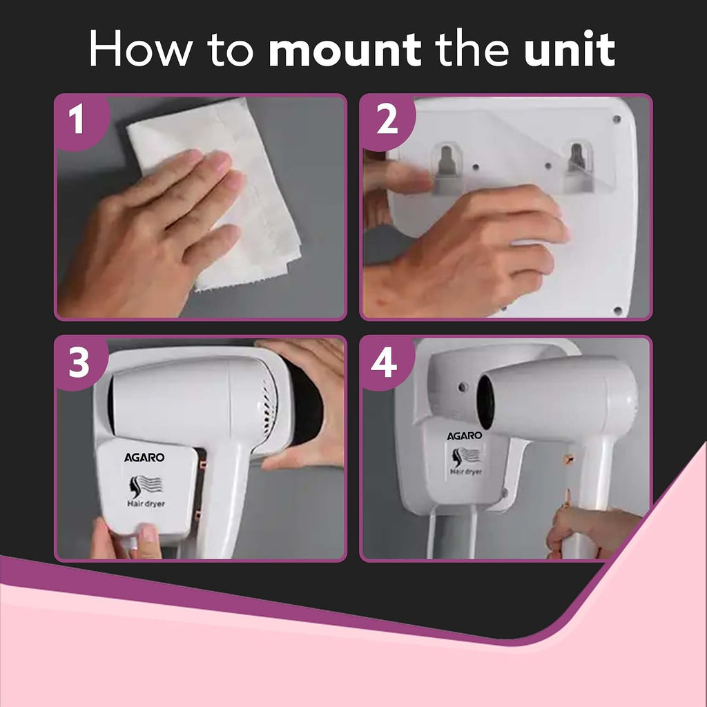 AGARO Wall Mounted Hair Dryer 1400W, Electric Wall Mount Hair Dryer, Hotel, Bathroom, Household, Wall Hanging Dryer, White HD1417