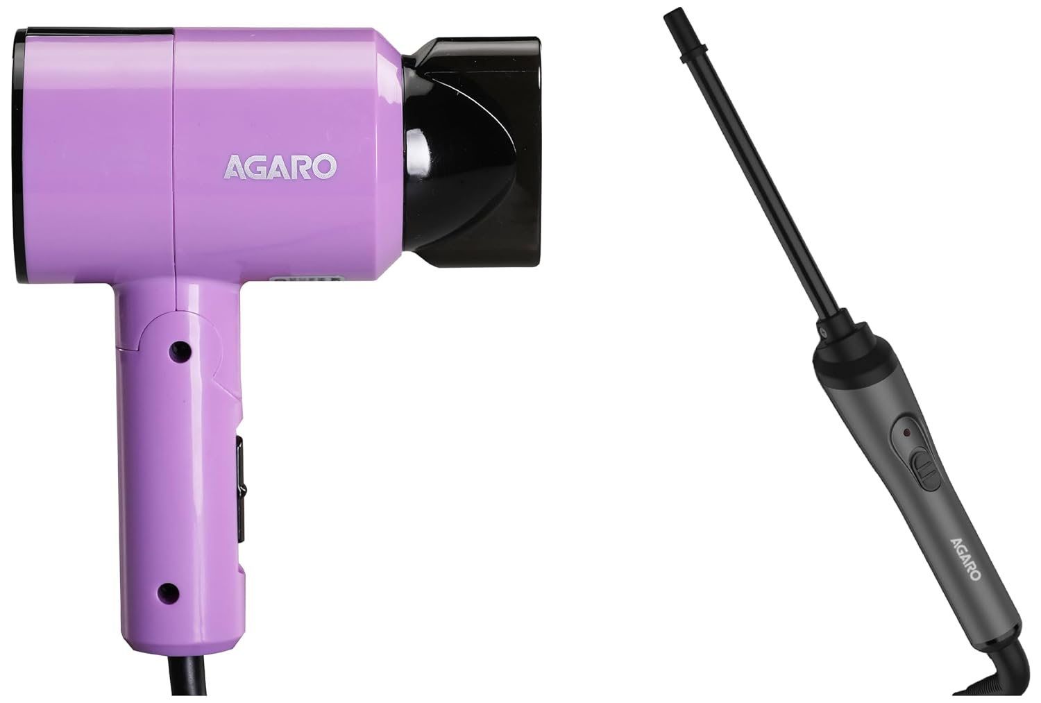 AGARO HC-8001 Chopstick Hair Curler with 10 mm Barrel & PTC Heating Technology (Black) & AGARO HD-1211 Hair Dryer 1100 Watts, 2 Heat Speed and Cool Mode, Foldable (Compact in Size) Purple