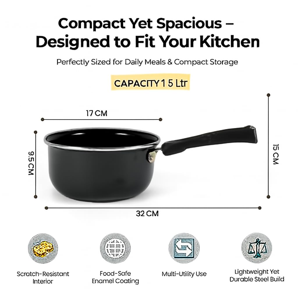 Saucepan for Tea & Milk | Induction & Gas Compatible Milk Pan | Tea/Chai Making Pan with Handle | Milk Boiling Pot | Small Kitchen Cookware (Black, 1700ml)