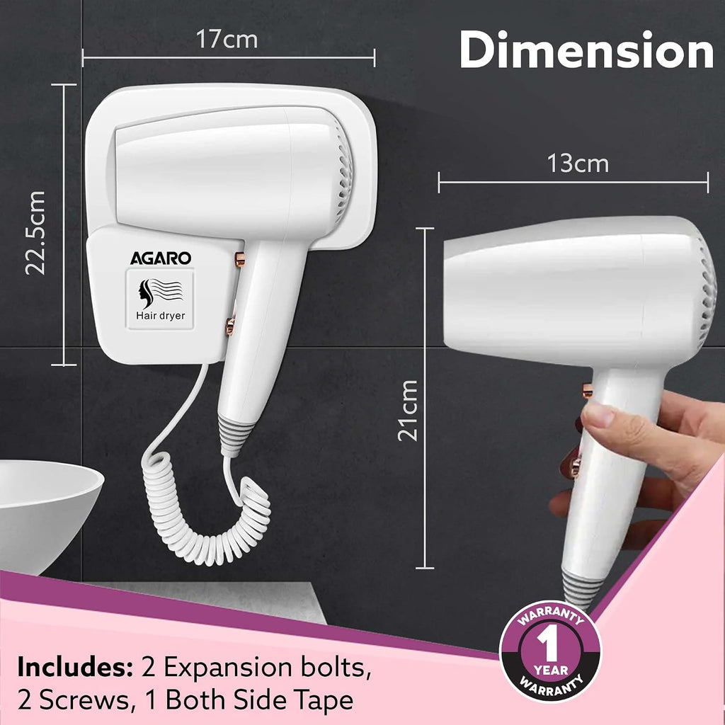 AGARO Wall Mounted Hair Dryer 1400W, Electric Wall Mount Hair Dryer, Hotel, Bathroom, Household, Wall Hanging Dryer, White HD1417