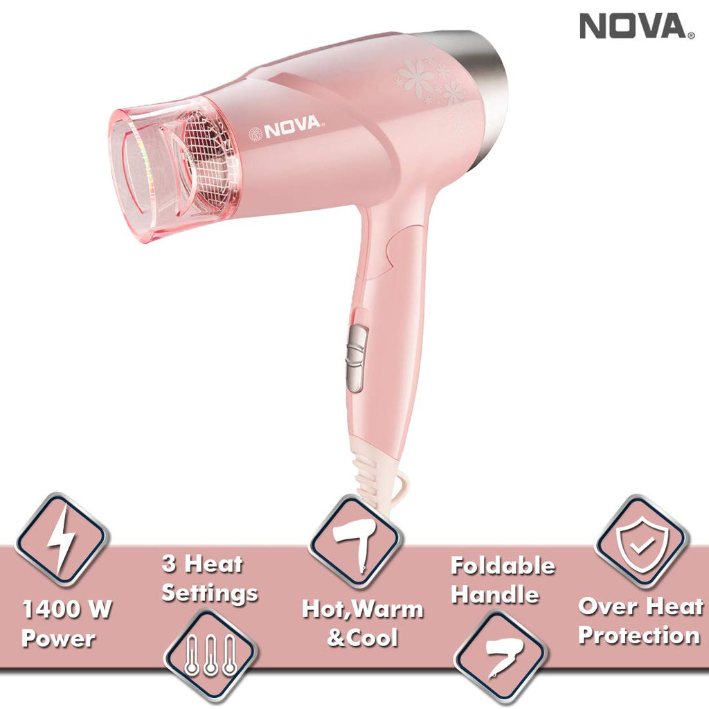 Nova NHP 8202 Premium 1400 Watts Hot and Cold Foldable Hair Dryer for Women (Pink)