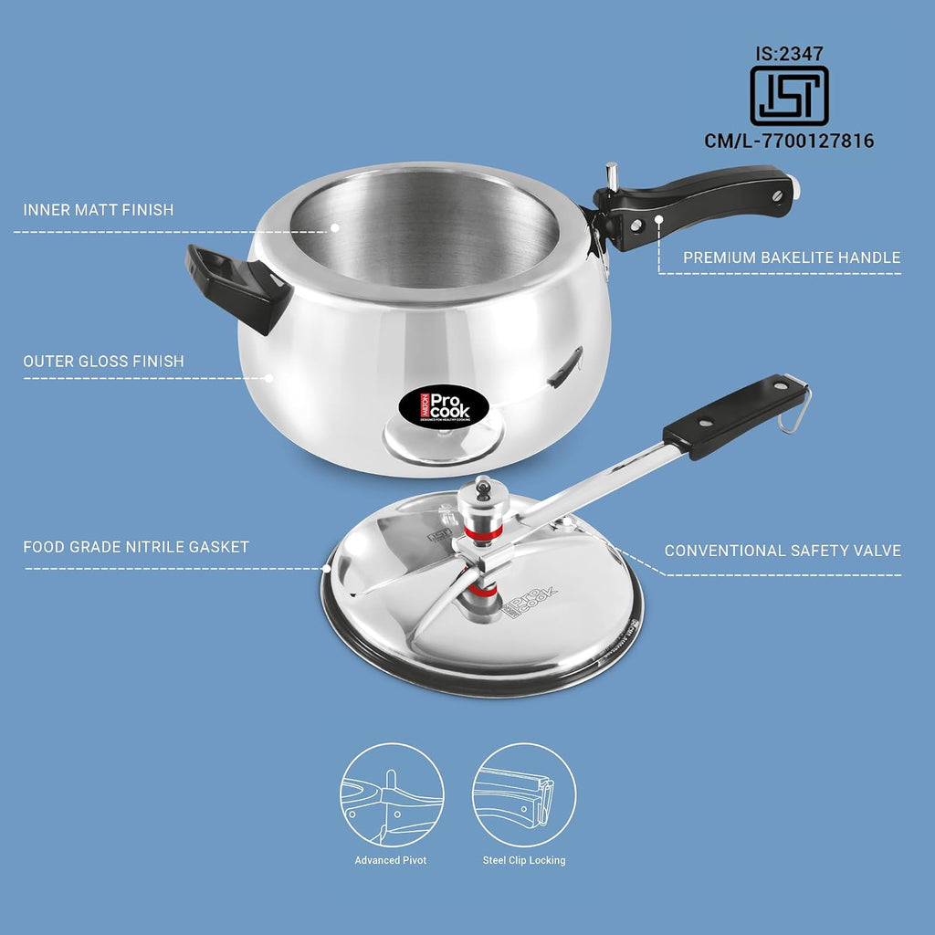 Milton Pro Cook Curve 5 Litres Pressure Cooker with Inner Lid, Aluminium, Non Induction Bottom, Handi Cooker, Silver, BIS Certified, 5 Years Warranty