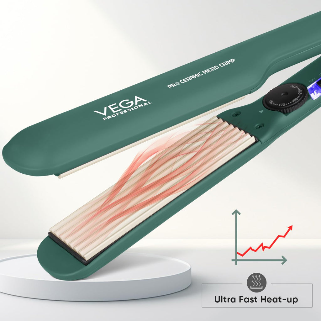 VEGA PROFESSIONAL Pro Ceramic Micro Crimp Hair Crimper with Ultra Fast Heatup, 5 Temperature Settings, 60 Min Auto Switch Off for Salon, Professional Hair Crimper, Green (VPPMS-11)