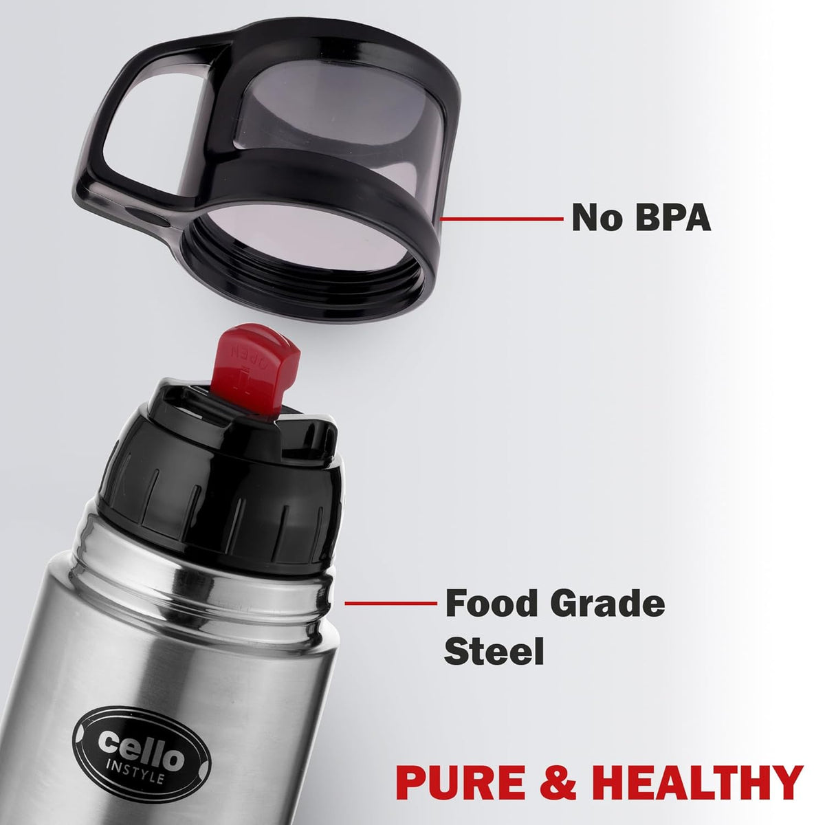 CELLO Instyle Insulated Stainless Steel Flask Water Bottle with Jacket For Daily Use 1000ml Silver | ISI Certified Double Wall Vacuum Insulated 24 Hrs Hot & Cold Thermos Water Bottle For Office Travel