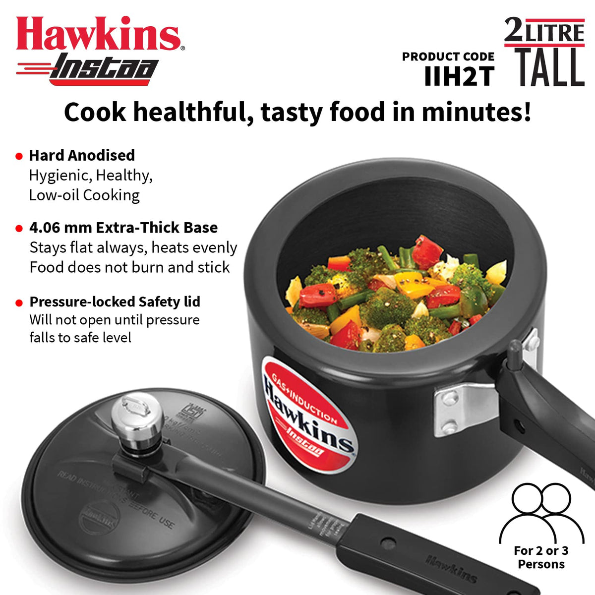 Hawkins 2 Litre Instaa Pressure Cooker, Induction Inner Lid Cooker, Tall Body Hard Anodised Cooker, Black (IIH2T)