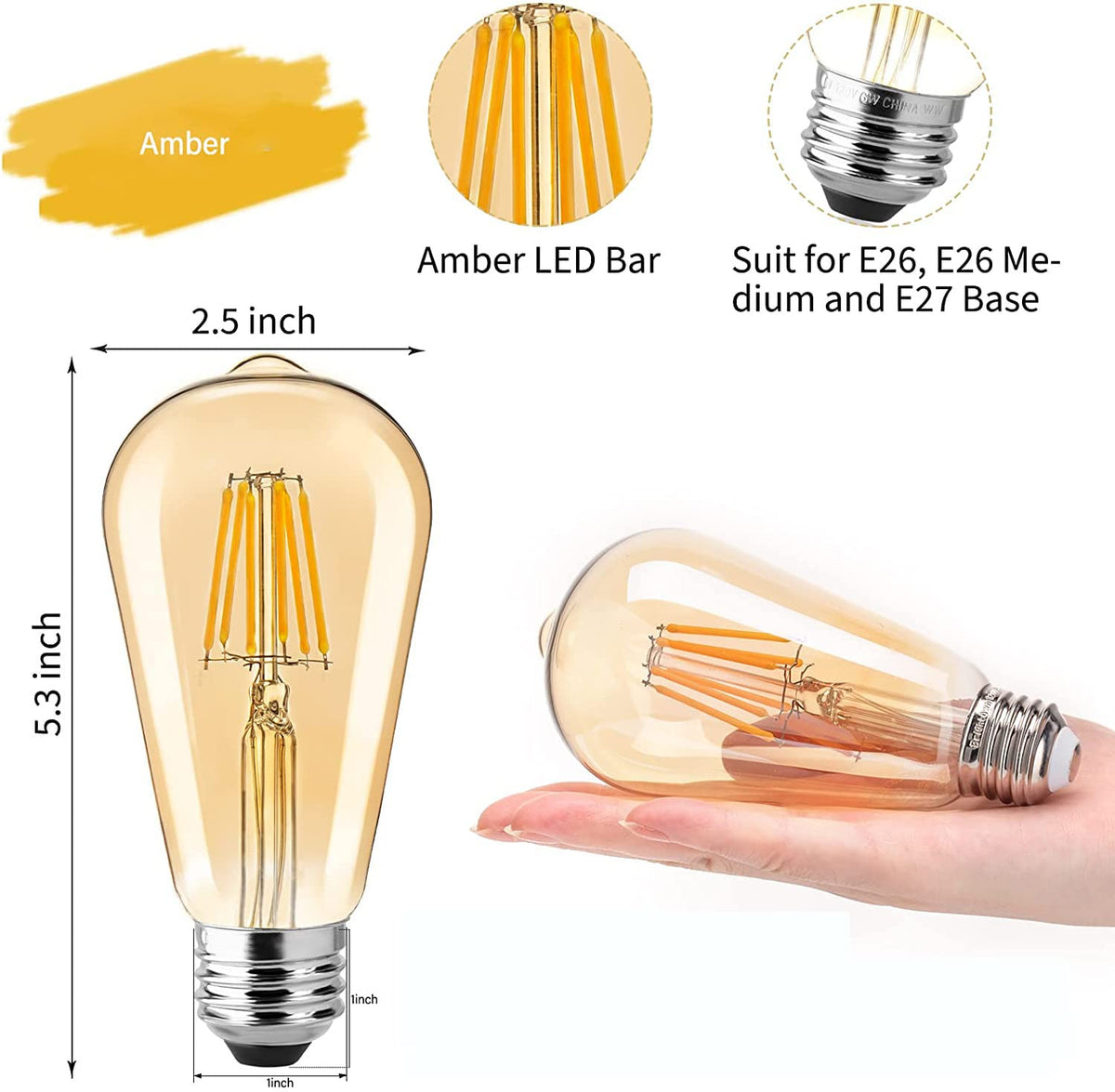 Gesto 4W E27 E26 Base Edison Bulb | 15000 Light Hours | Hanging LED Warm White 2700K Antique Vintage Filament Bulbs (Pack of 8)