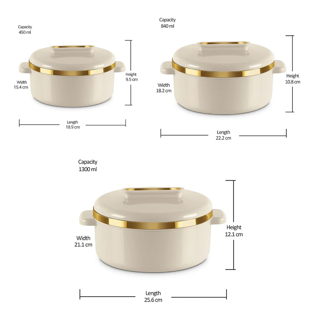 MILTON Curve Inner Stainless Steel Casserole Set of 3 (450 ml, 840 ml, 1300 ml), Ivory | BPA Free | MILTON Curve Inner Stainless Steel Casserole Set of 3 (450 ml, 840 ml, 1300 ml), Ivory | BPA Free |