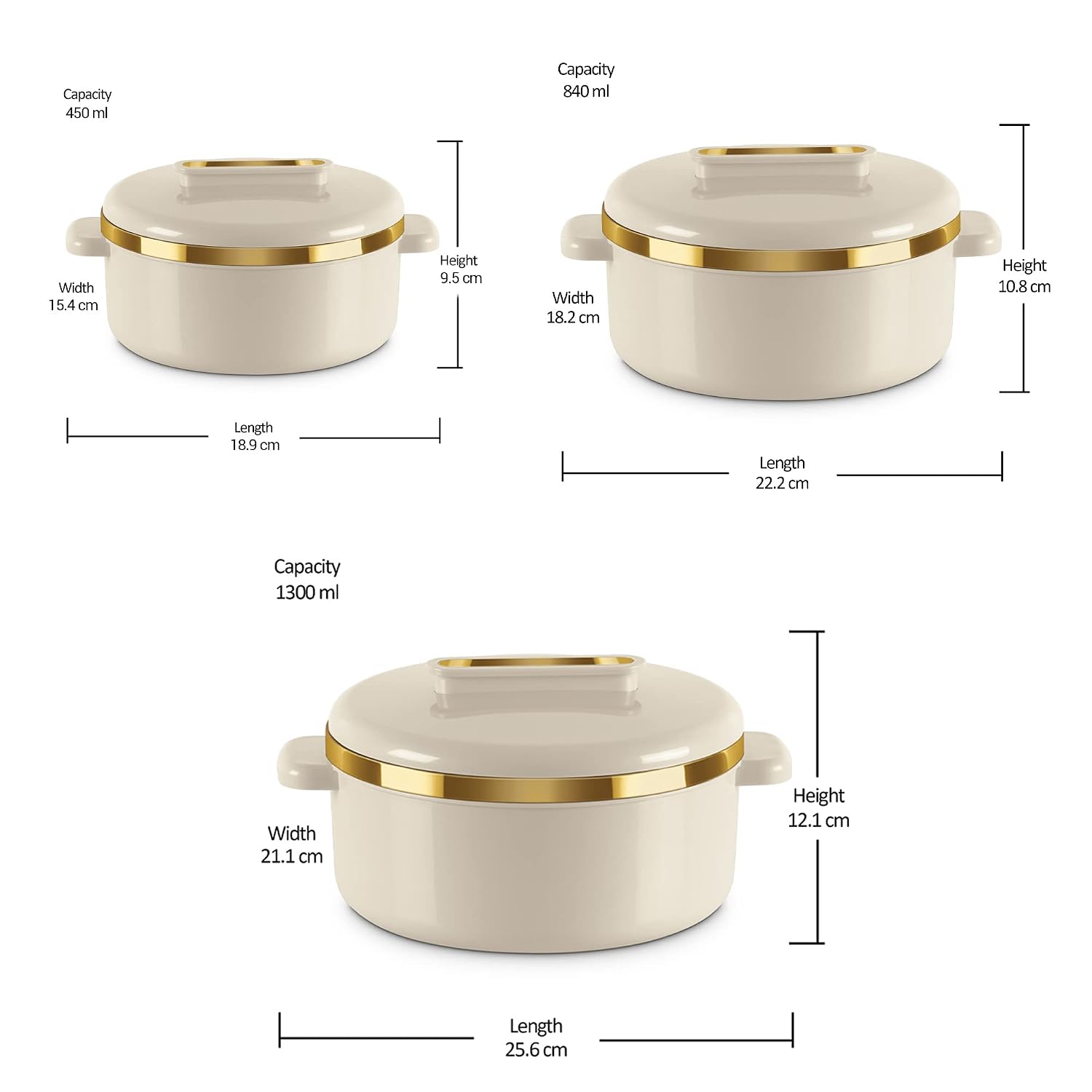 MILTON Curve Inner Stainless Steel Casserole Set of 3 (450 ml, 840 ml, 1300 ml), Ivory | BPA Free | MILTON Curve Inner Stainless Steel Casserole Set of 3 (450 ml, 840 ml, 1300 ml), Ivory | BPA Free |