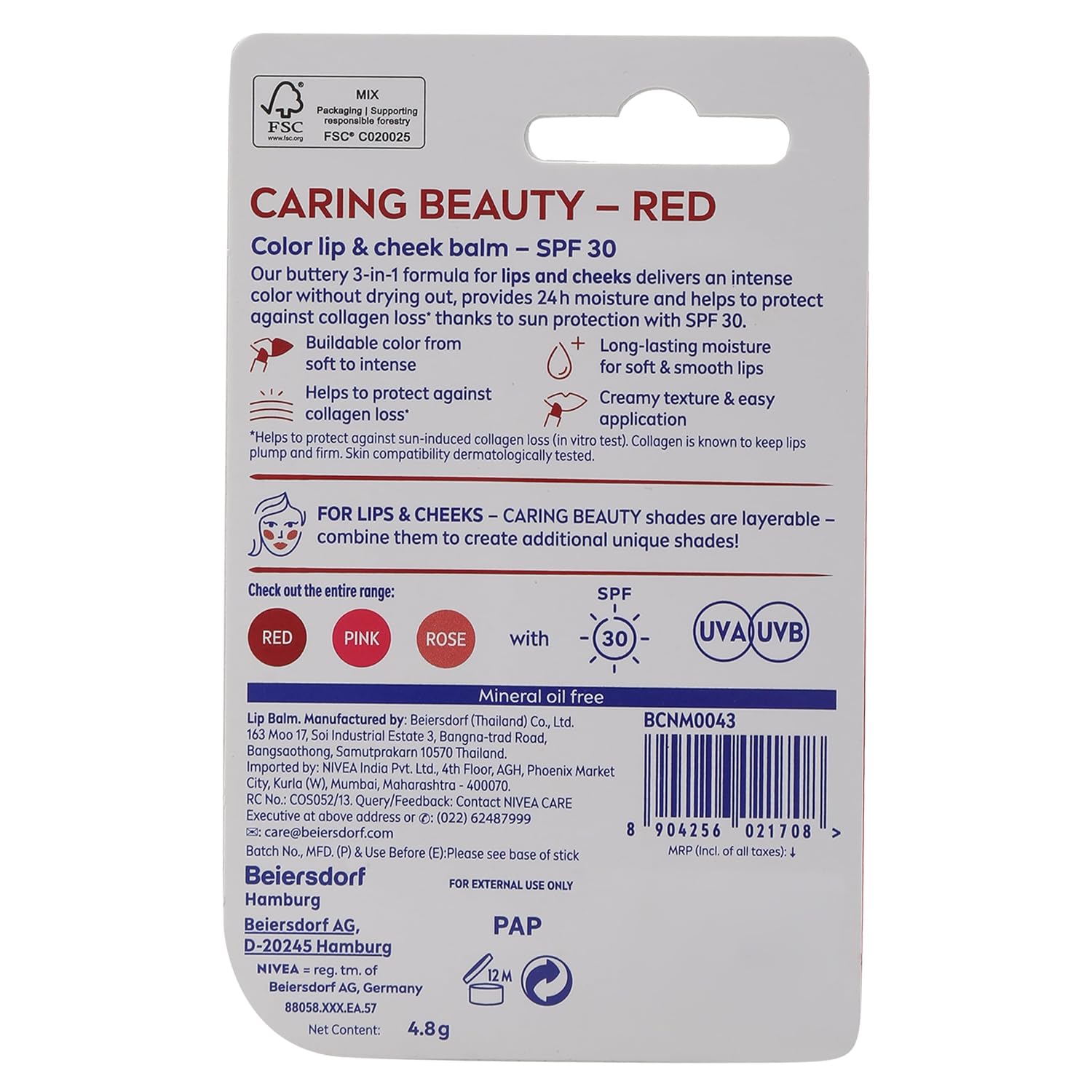 NIVEA Lip Care, 4.8 Gm, Red pack of 1