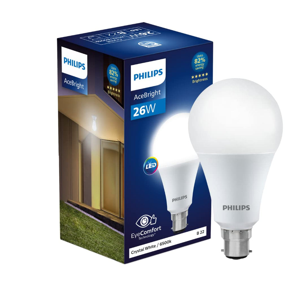 Philips 26-watt LED Bulb |AceBright High Wattage LED Bulb|Base: B22 Light Bulb for Home | Crystal White, Pack of 2